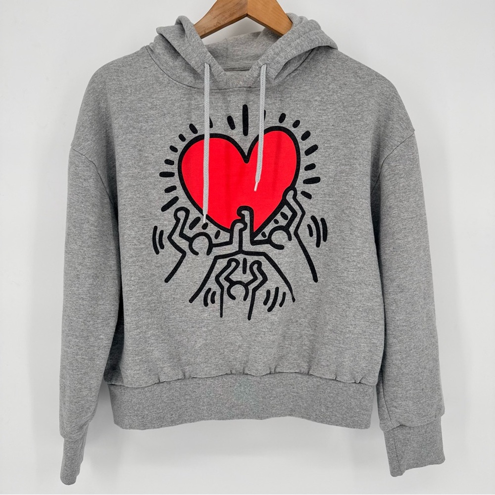 Keith Haring Heart Graphic Hoodie Grey Fleece Sweatshirt XS Cotton Art Retro 80s